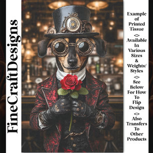 Steampunk Dachshund Dog + Red Rose AH1O Decoupage Tissue Paper