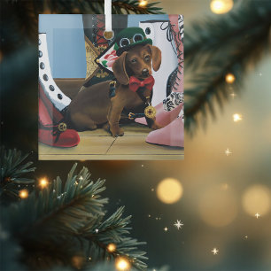 Steampunk Dachshund Shoes Boots Victroian Glass Tree Decoration