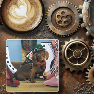 Steampunk Dachshund Shows Boots Victorian Glass Coaster
