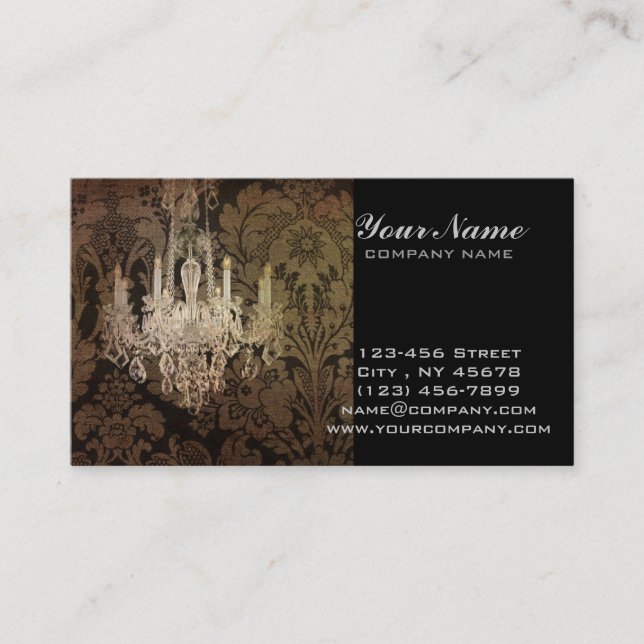 steampunk damask paris vintage chandelier business card (Front)