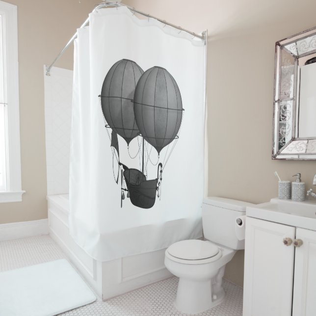 Steampunk Design Black and White Flying Machine Shower Curtain (In Situ)