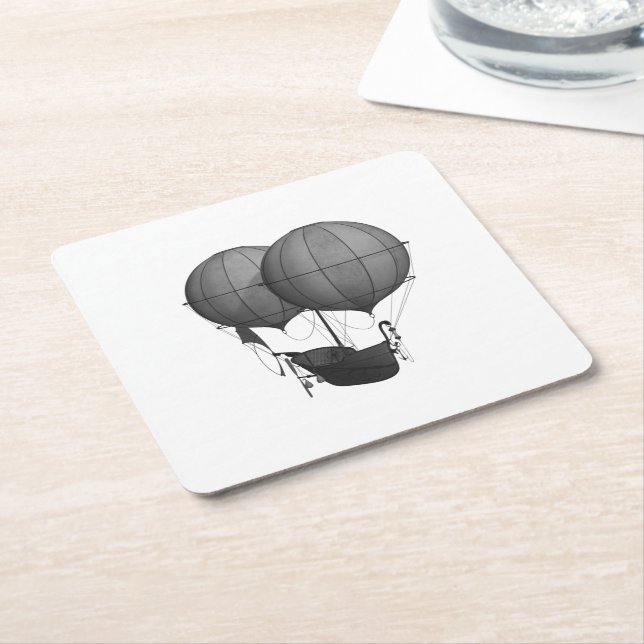 Steampunk Design Black and White Flying Machine Square Paper Coaster (Angled)