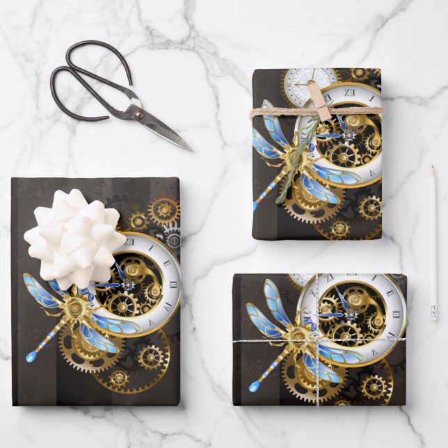 Steampunk Dials with Dragonfly Wrapping Paper Sheet (Front)