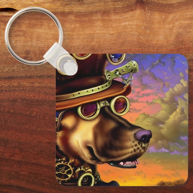 Steampunk Digital Art Dog Portrait   Key Ring (Front)