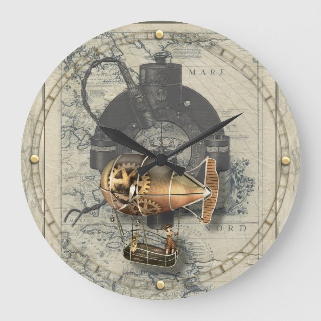 Steampunk Dirigible Balloon Ride Large Clock (Front)