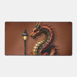Steampunk Dragon next to a vintage street lamp.  Desk Mat