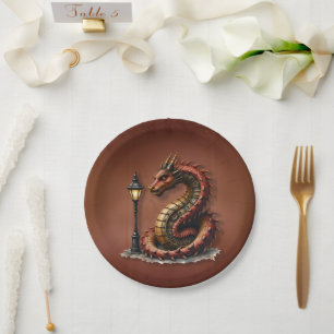 Steampunk Dragon next to a vintage street lamp. Paper Plate