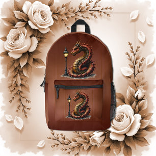 Steampunk Dragon next to a vintage street lamp.  Printed Backpack