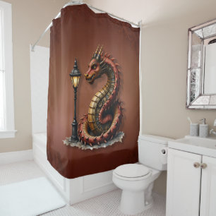 Steampunk Dragon next to a vintage street lamp. Shower Curtain