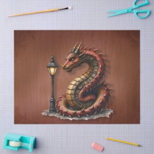Steampunk Dragon next to a vintage street lamp. Tissue Paper