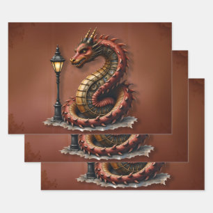 Steampunk Dragon next to a vintage street lamp.  Wrapping Paper Sheet