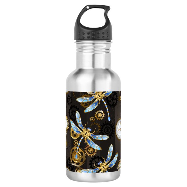 Steampunk Dragonflies on brown striped background 532 Ml Water Bottle (Front)