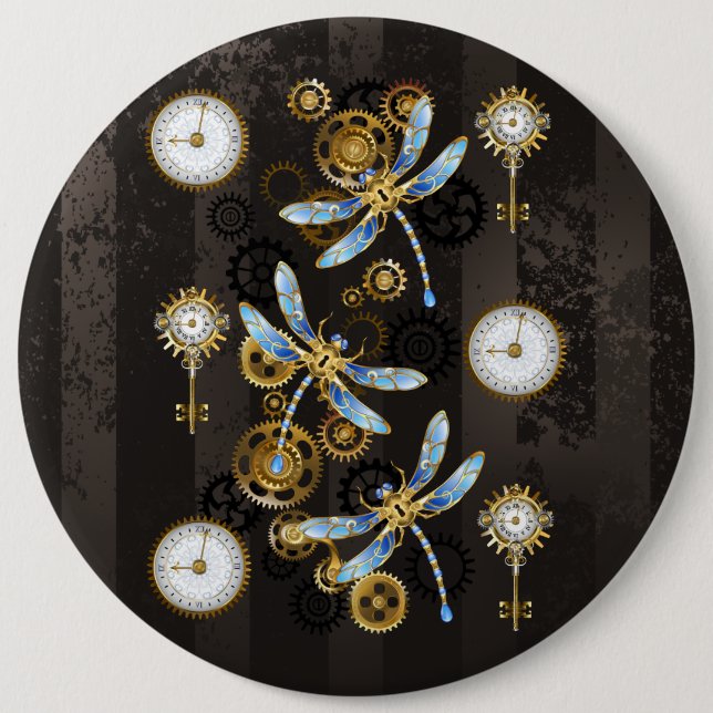 Steampunk Dragonflies on brown striped background 6 Cm Round Badge (Front)
