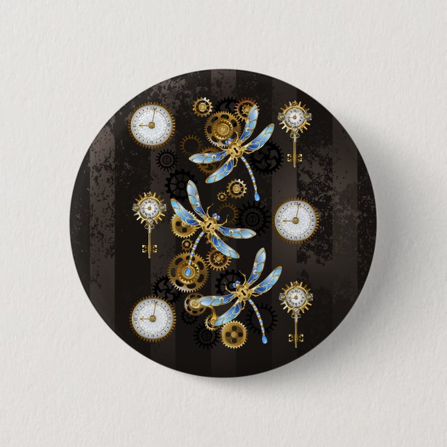 Steampunk Dragonflies on brown striped background 6 Cm Round Badge (Front)