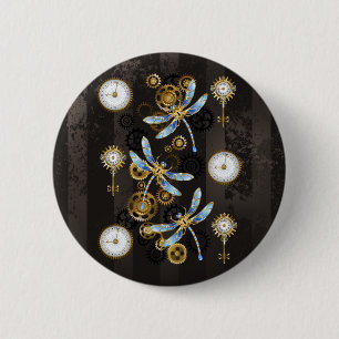 Steampunk Dragonflies on brown striped background 6 Cm Round Badge