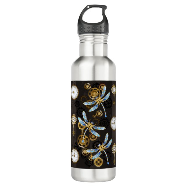 Steampunk Dragonflies on brown striped background 710 Ml Water Bottle (Front)