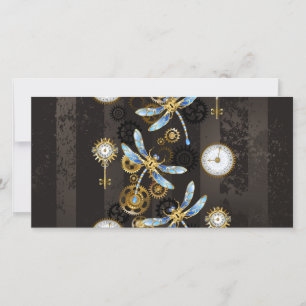 Steampunk Dragonflies on brown striped background Announcement