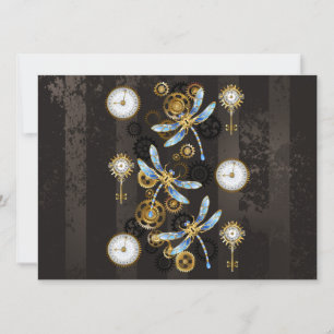 Steampunk Dragonflies on brown striped background Announcement