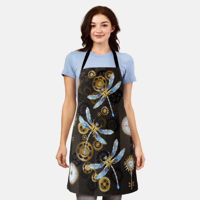 Steampunk Dragonflies on brown striped background Apron (Worn)