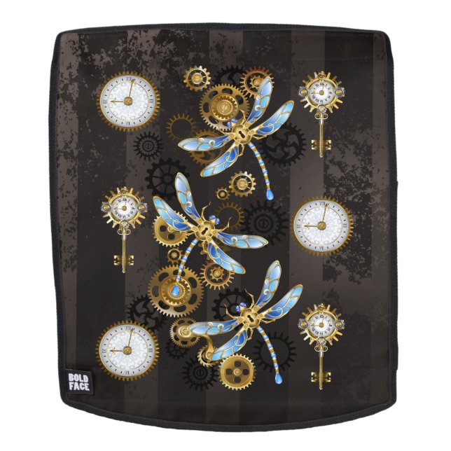 Steampunk Dragonflies on brown striped background Backpack (Removable Face)