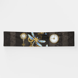 Steampunk Dragonflies on brown striped background Banner