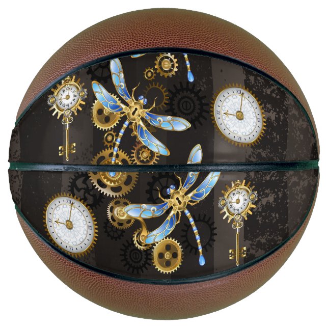 Steampunk Dragonflies on brown striped background Basketball (Front)