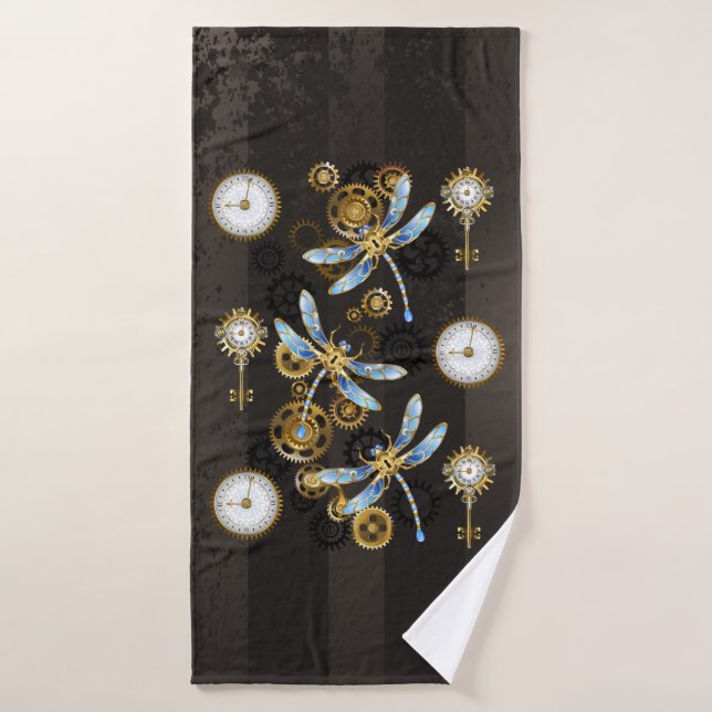 Steampunk Dragonflies on brown striped background Bath Towel Set (Bath Towel)