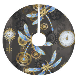 Steampunk Dragonflies on brown striped background Brushed Polyester Tree Skirt