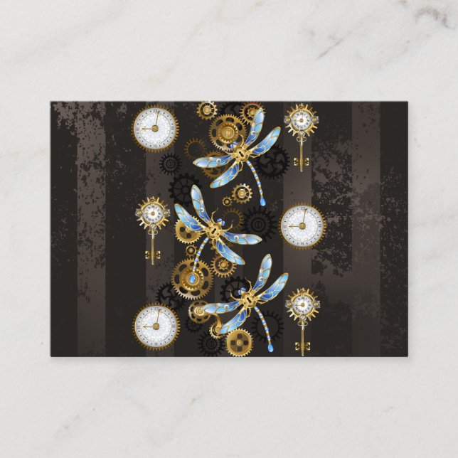 Steampunk Dragonflies on brown striped background Business Card (Front)