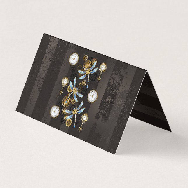 Steampunk Dragonflies on brown striped background Business Card (Front)