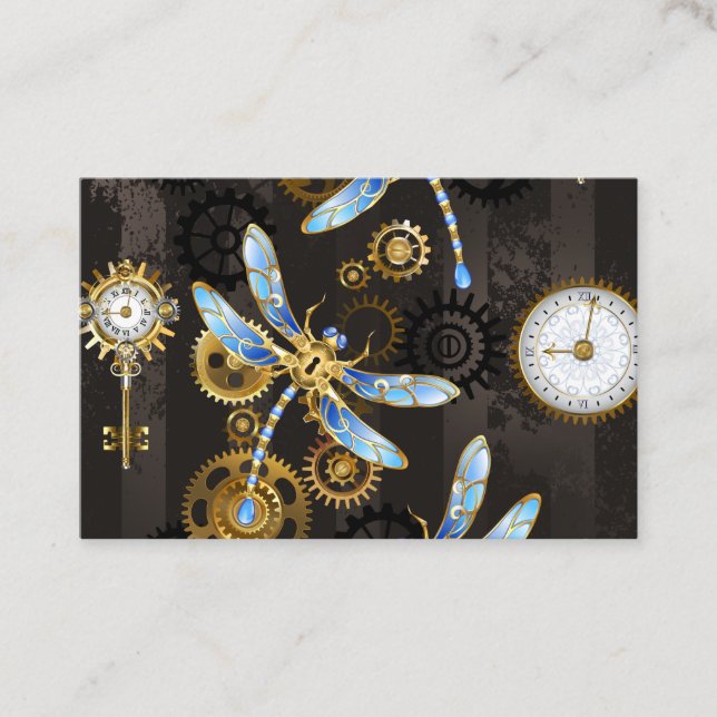 Steampunk Dragonflies on brown striped background Business Card (Front)