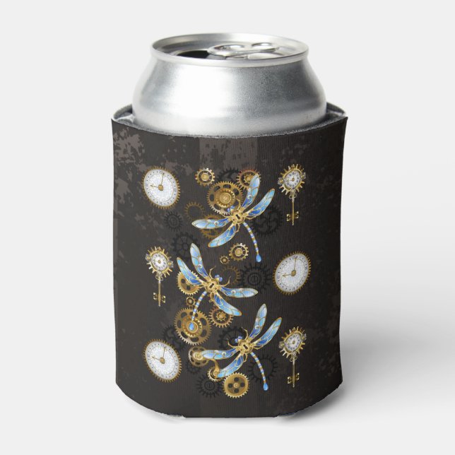 Steampunk Dragonflies on brown striped background Can Cooler (Can Front)