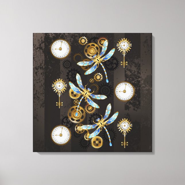 Steampunk Dragonflies on brown striped background Canvas Print (Front)