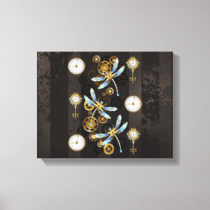 Steampunk Dragonflies on brown striped background Canvas Print