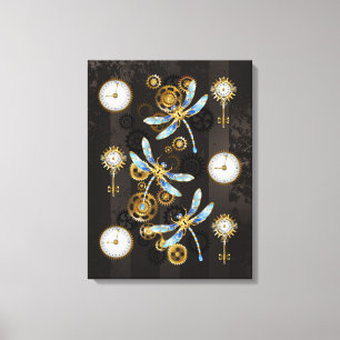 Steampunk Dragonflies on brown striped background Canvas Print