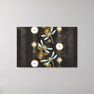Steampunk Dragonflies on brown striped background Canvas Print