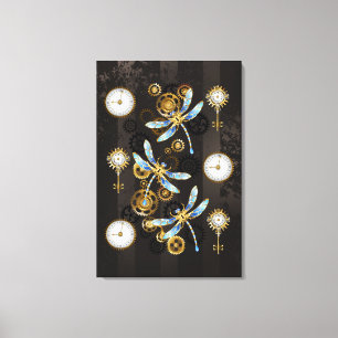 Steampunk Dragonflies on brown striped background Canvas Print