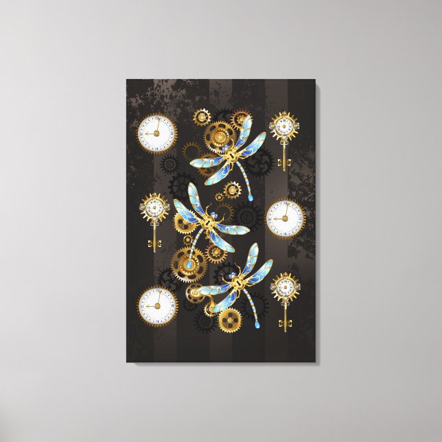 Steampunk Dragonflies on brown striped background Canvas Print (Front)
