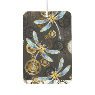 Steampunk Dragonflies on brown striped background Car Air Freshener
