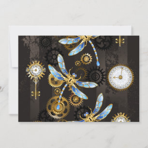 Steampunk Dragonflies on brown striped background Card