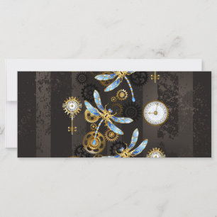 Steampunk Dragonflies on brown striped background Card