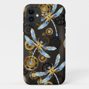 Steampunk Dragonflies on brown striped background Case-Mate iPhone Case