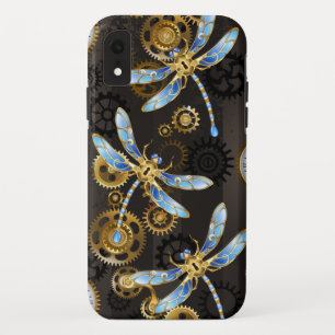 Steampunk Dragonflies on brown striped background Case-Mate iPhone Case