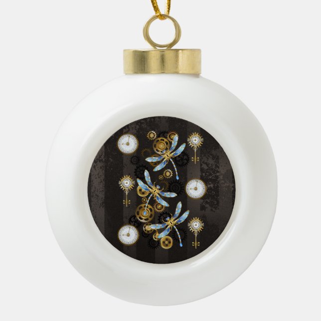 Steampunk Dragonflies on brown striped background Ceramic Ball Christmas Ornament (Front)