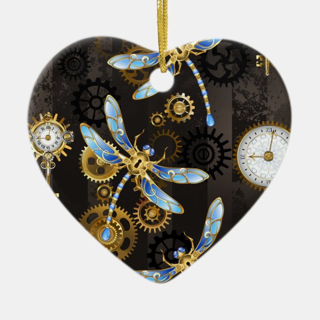 Steampunk Dragonflies on brown striped background Ceramic Tree Decoration (Front)