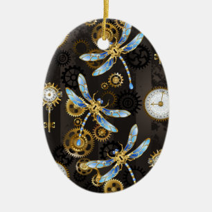 Steampunk Dragonflies on brown striped background Ceramic Tree Decoration