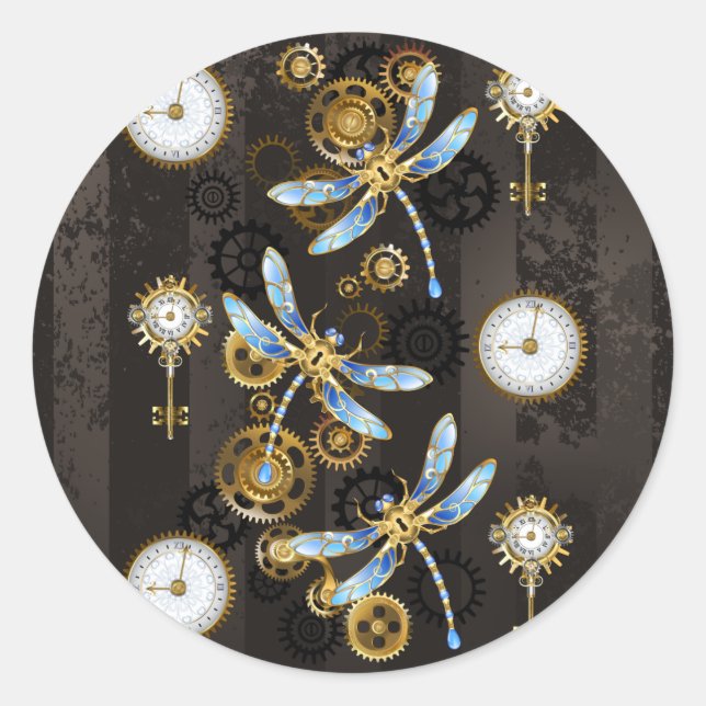 Steampunk Dragonflies on brown striped background Classic Round Sticker (Front)