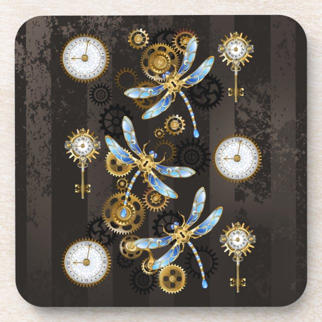 Steampunk Dragonflies on brown striped background Coaster (Front)