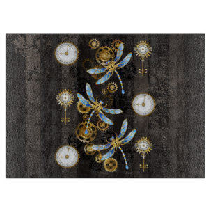 Steampunk Dragonflies on brown striped background Cutting Board