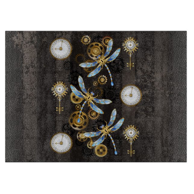 Steampunk Dragonflies on brown striped background Cutting Board (Front)